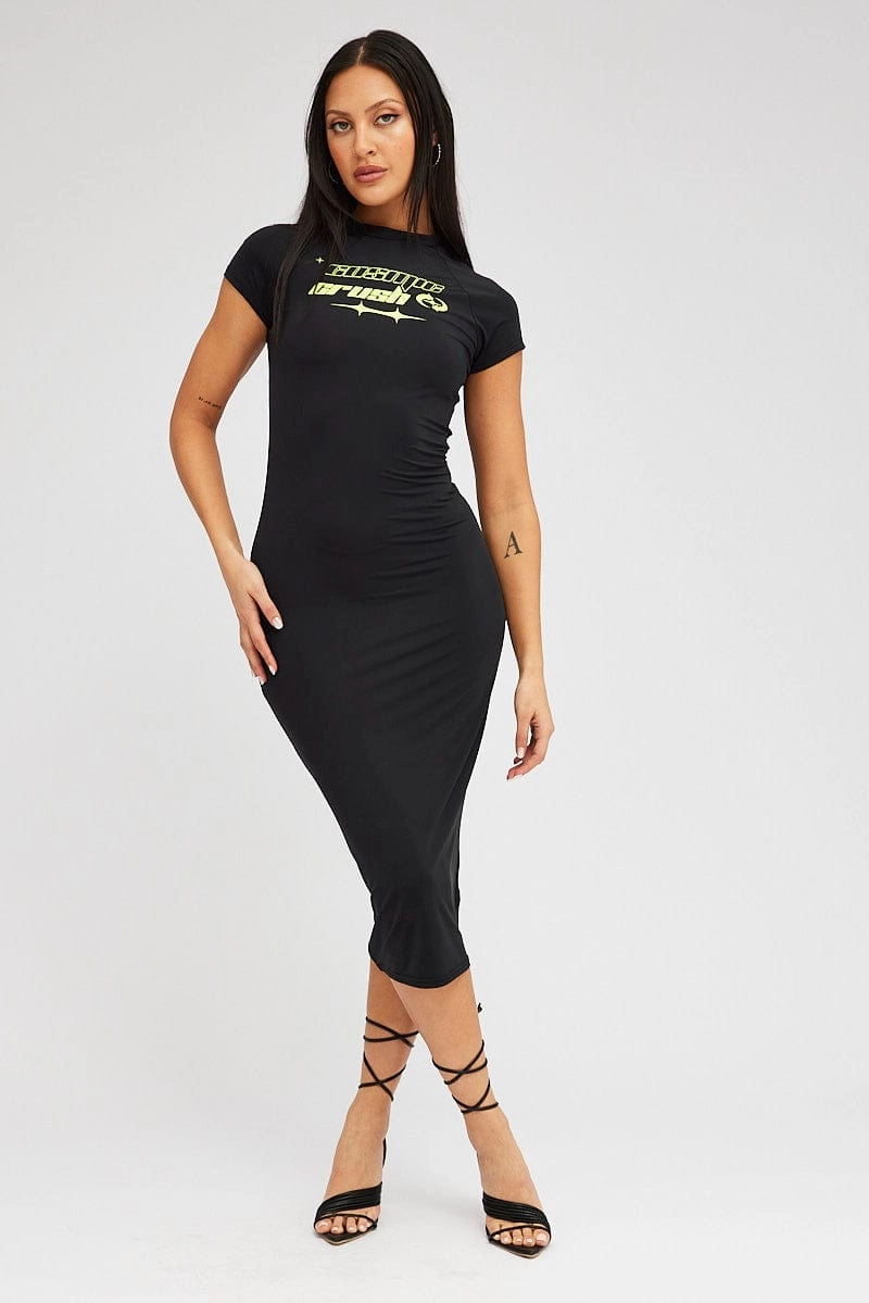 Black Midi Dress Short Sleeve Crew Neck Bodycon Graphic