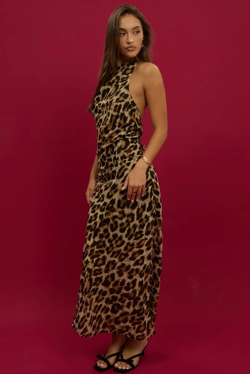 Brown Animal Print Maxi Dress Cowl Neck