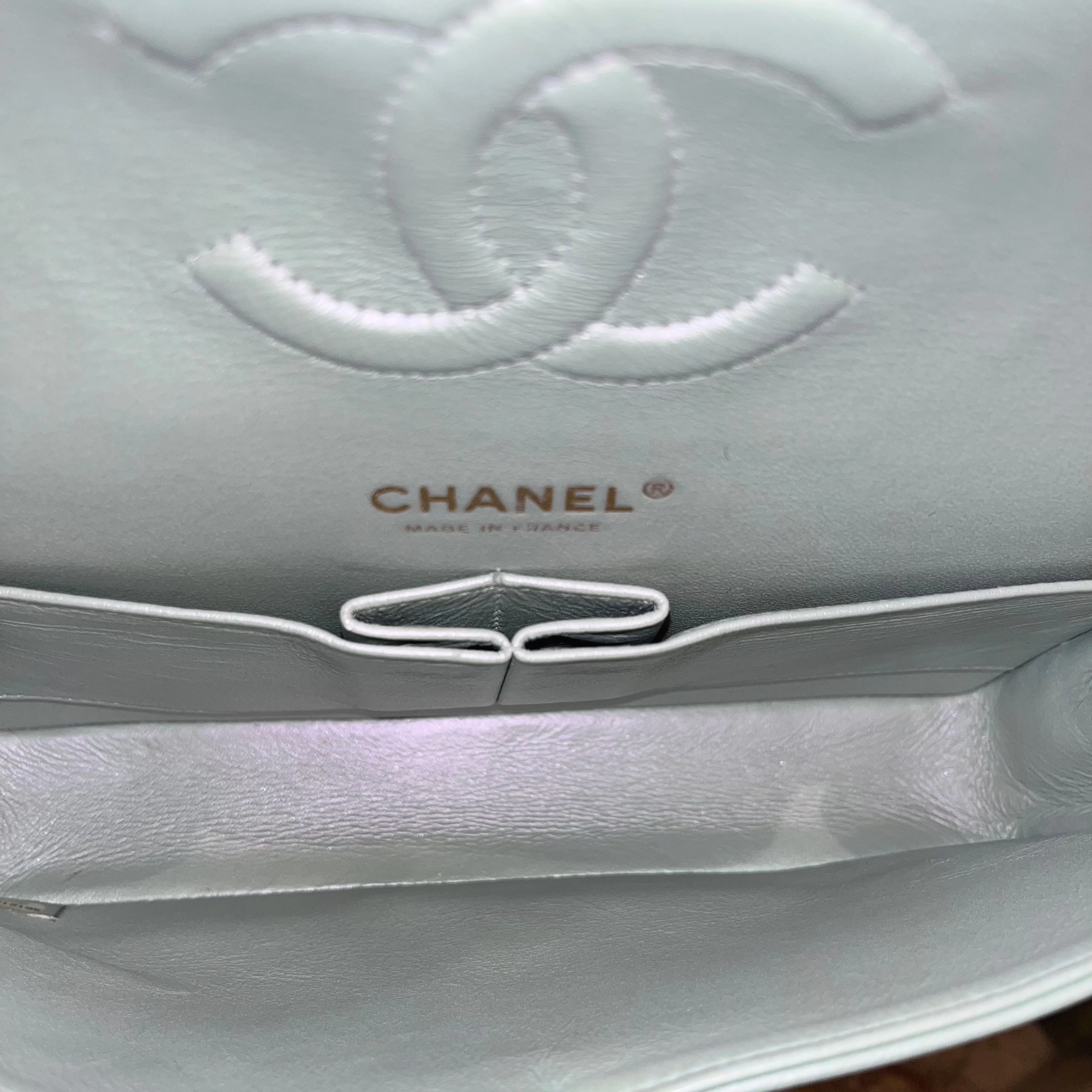 CHANEL Double Flap Medium Light Blue Iridescent Lambskin Leather Shoulder Bag
