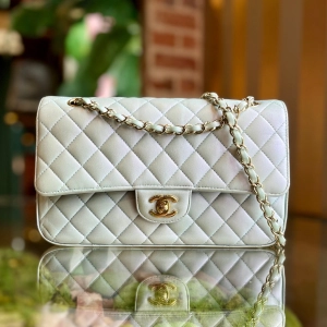 CHANEL Double Flap Medium Light Blue Iridescent Lambskin Leather Shoulder Bag