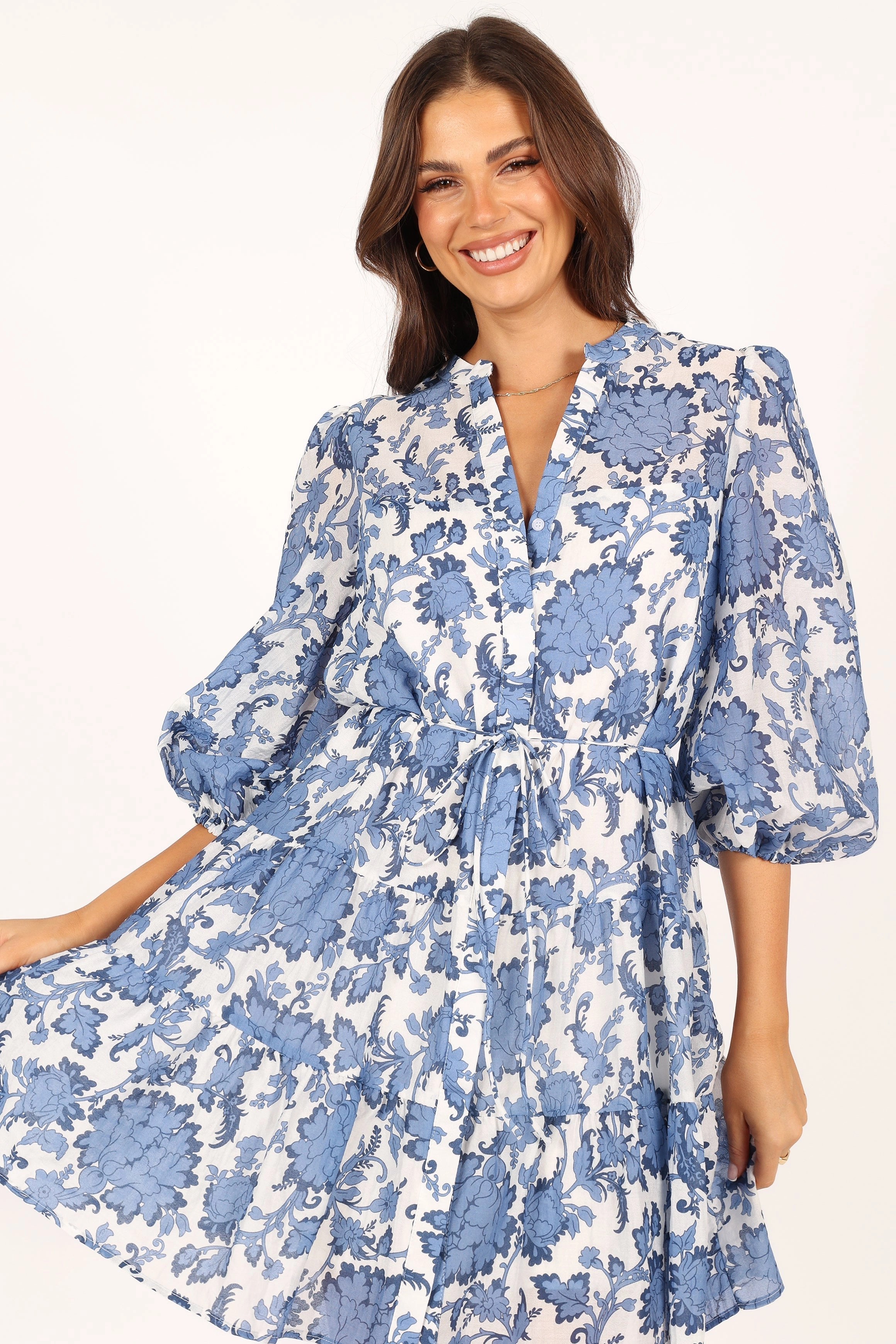 Dierdre Long Sleeve Mini Dress - Blue Floral