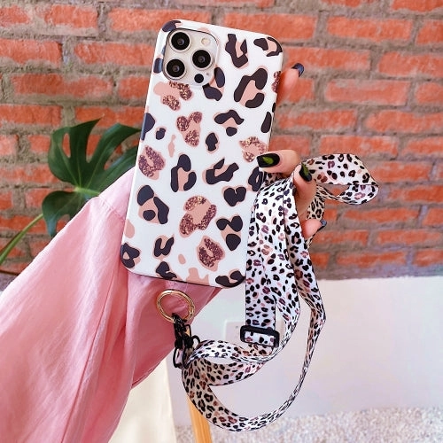 For iPhone 11 Leopard Print TPU Straight Edge Phone Case with Lanyard