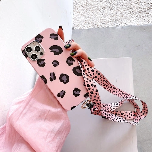 For iPhone 13 Leopard Print TPU Straight Edge Phone Case with Lanyard