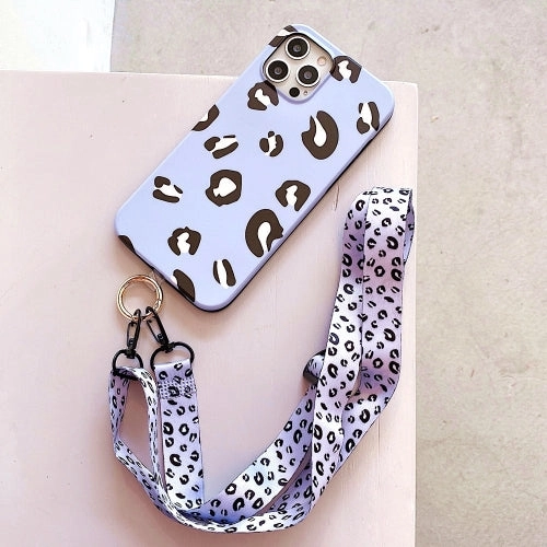For iPhone 13 Leopard Print TPU Straight Edge Phone Case with Lanyard