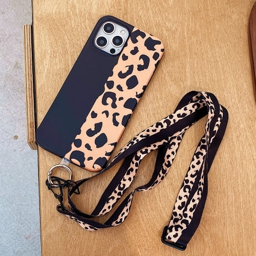 For iPhone 13 Leopard Print TPU Straight Edge Phone Case with Lanyard