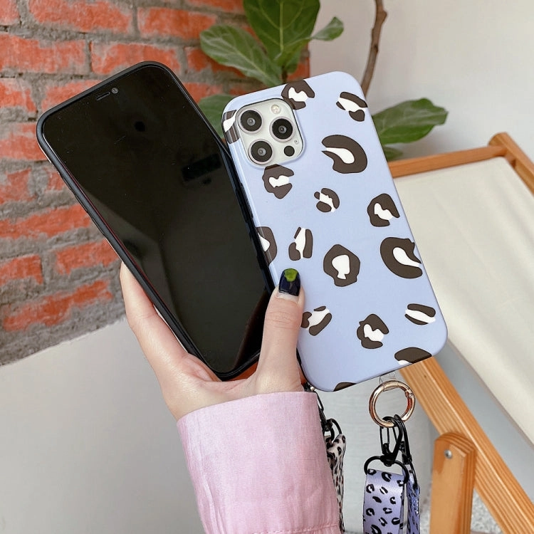 For iPhone 13 Leopard Print TPU Straight Edge Phone Case with Lanyard