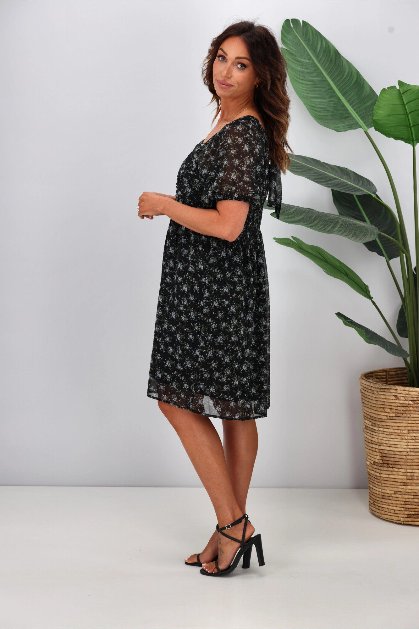Gloss by Shine On Ilaria Pintuck Detail Dress Black Floral