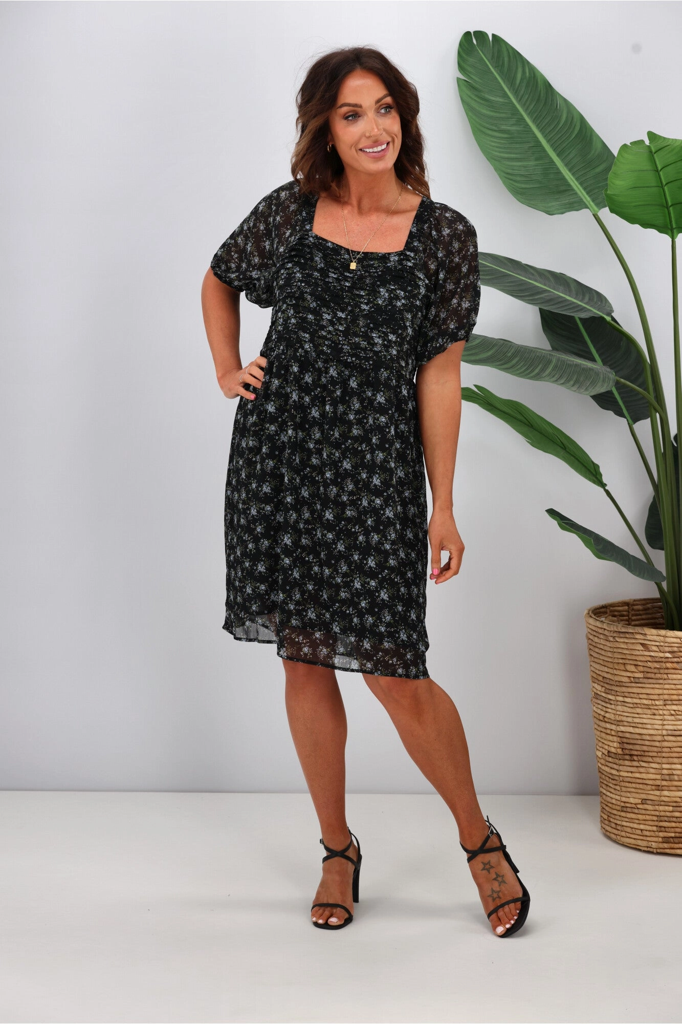 Gloss by Shine On Ilaria Pintuck Detail Dress Black Floral