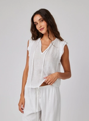 Linen Ruffle Sleeve Top - White