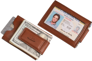 Medium Brown Premium Leather Slim ID Wallet With Magnetic Money Clip