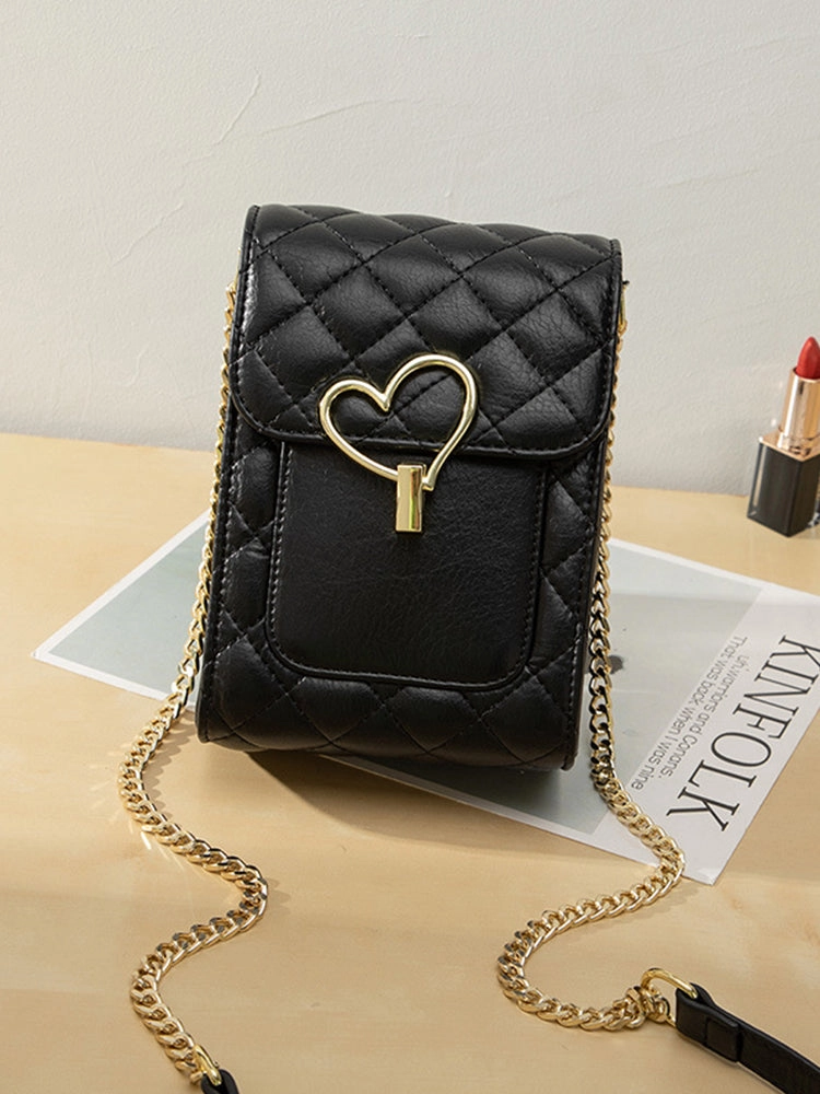 Mini Diamond Pattern Clutch Wallet Heart-shaped Crossbody Bag with Adjustable Strap