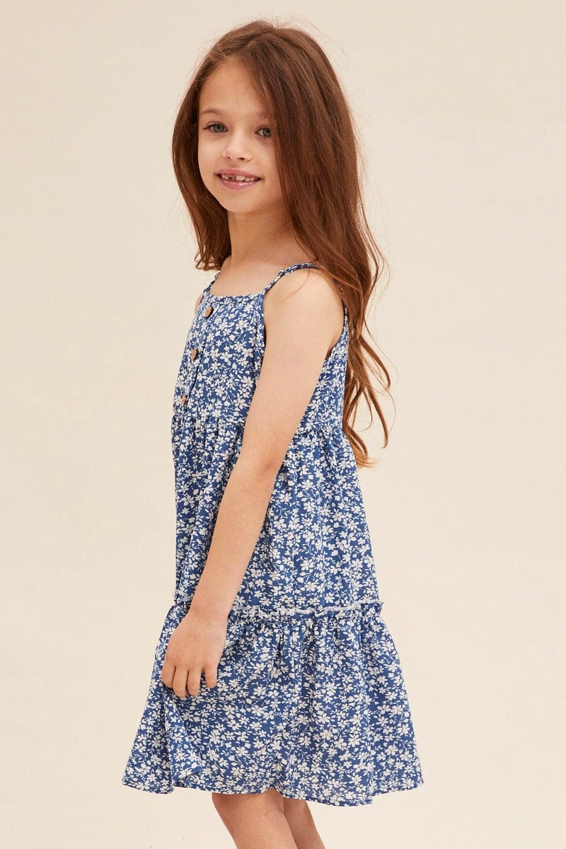 Print Kids Sleeveless Button Front Dress