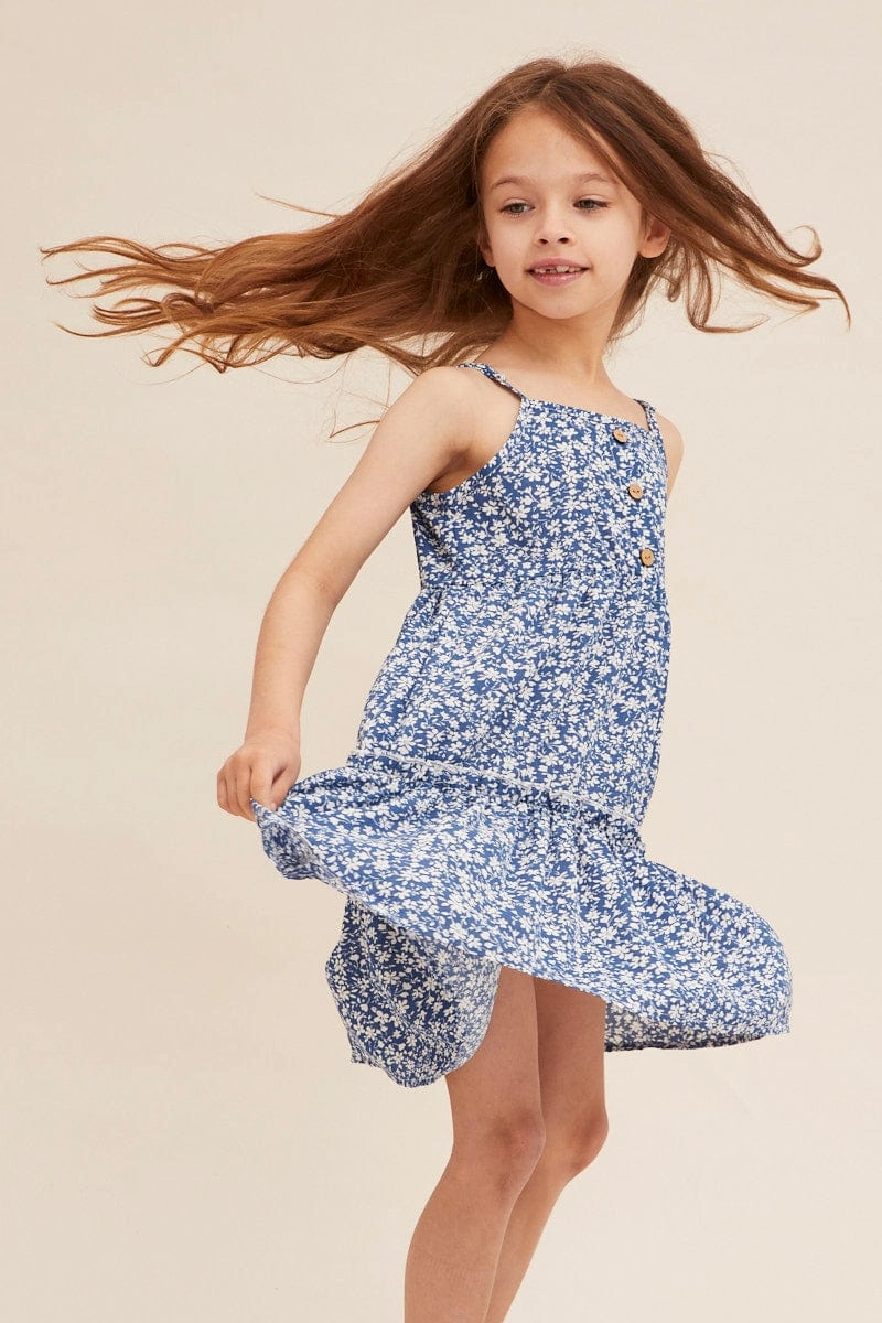 Print Kids Sleeveless Button Front Dress