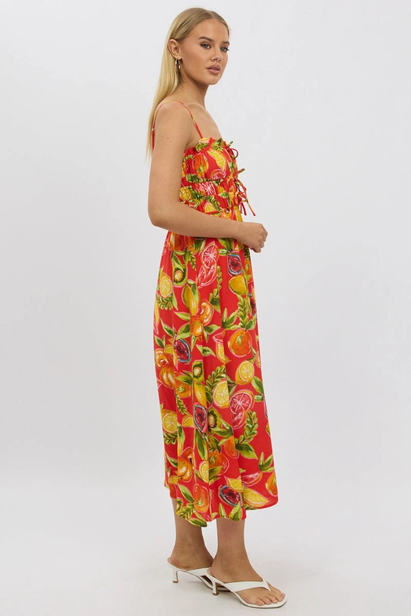 Red Abstract Midi Dress Ribbon Detail Strappy