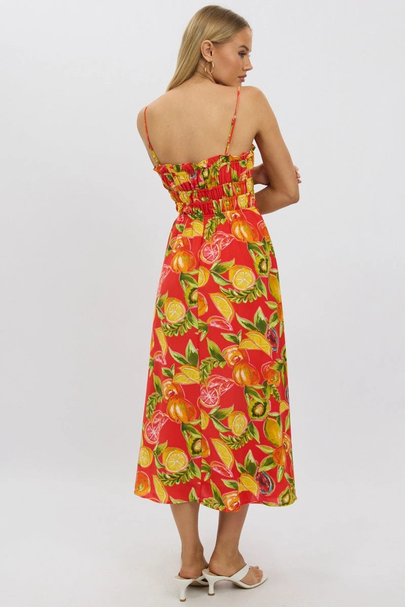 Red Abstract Midi Dress Ribbon Detail Strappy