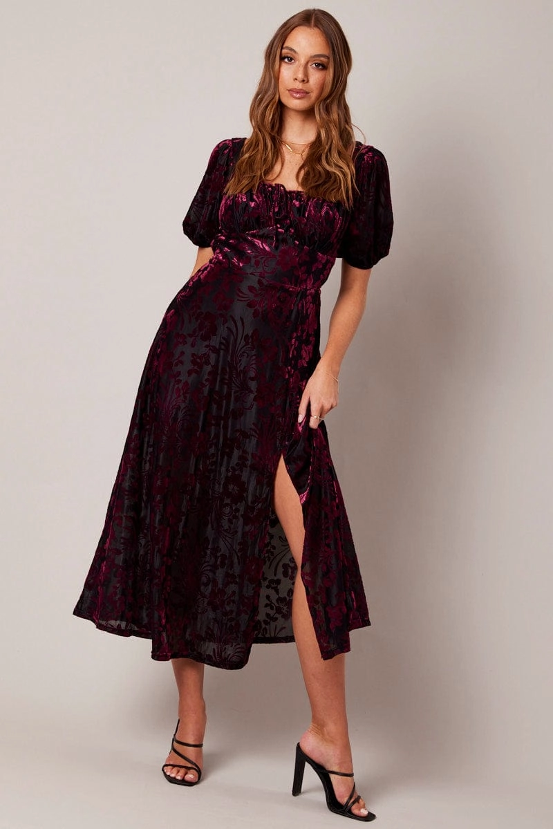 Red Midi Dress Short Sleeve Side Split