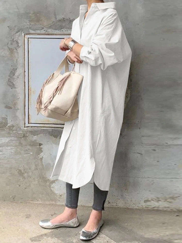 Solid Color Casual Long Sleeve Cotton Shirt Dresses
