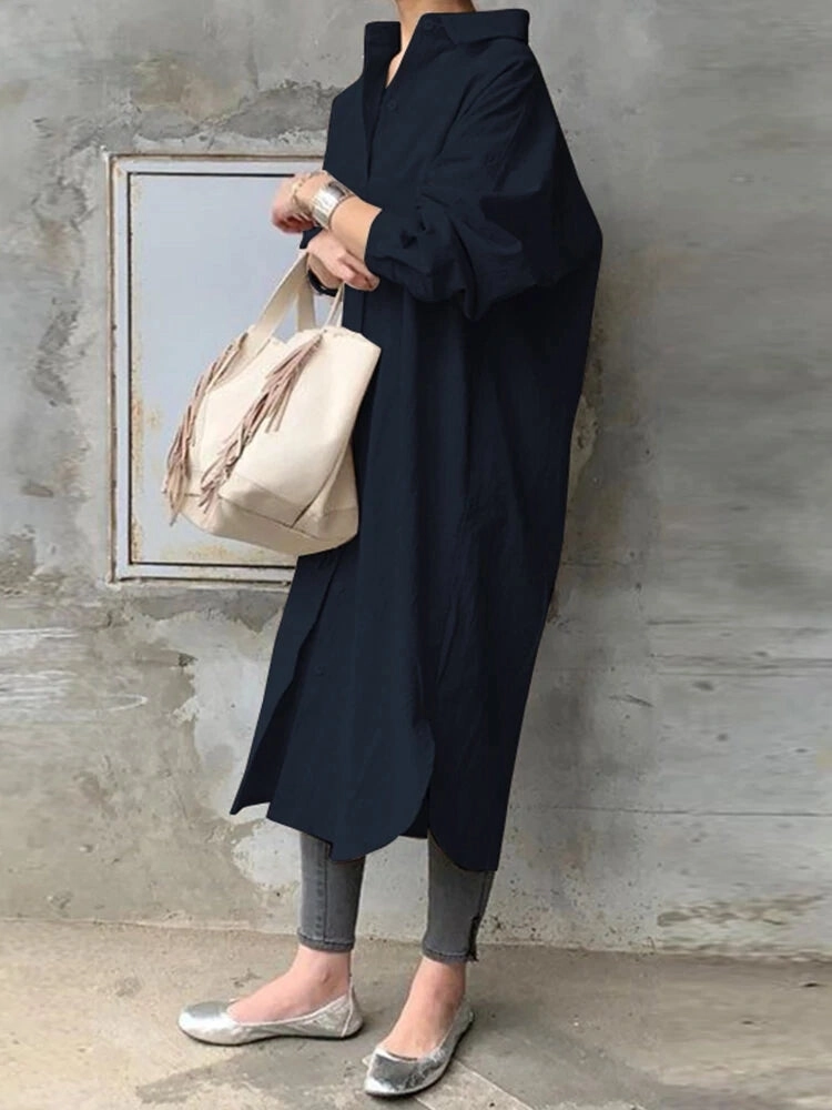 Solid Color Casual Long Sleeve Cotton Shirt Dresses