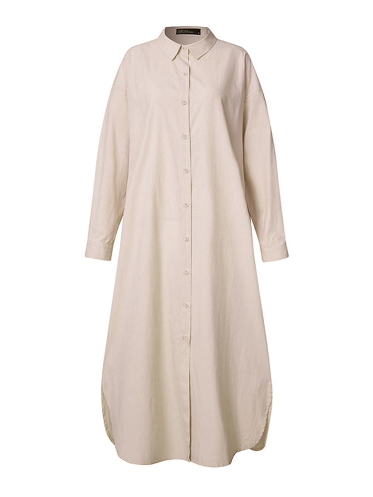Solid Color Casual Long Sleeve Cotton Shirt Dresses