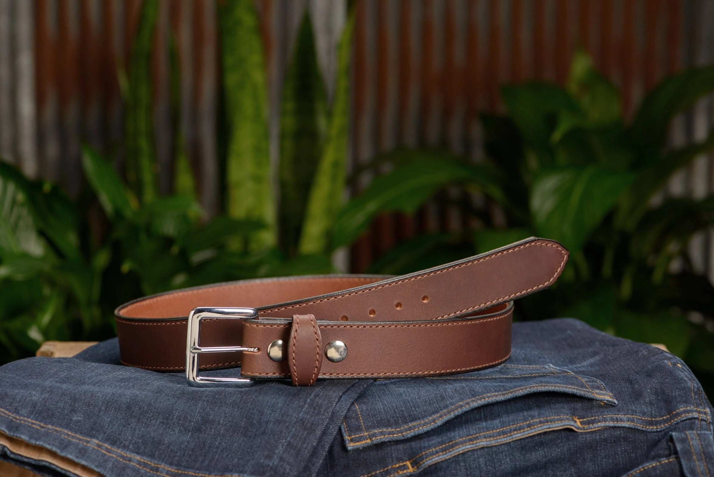 The Lakota: Brown Stitched Water Buffalo Leather Belt With Snaps 1.50"