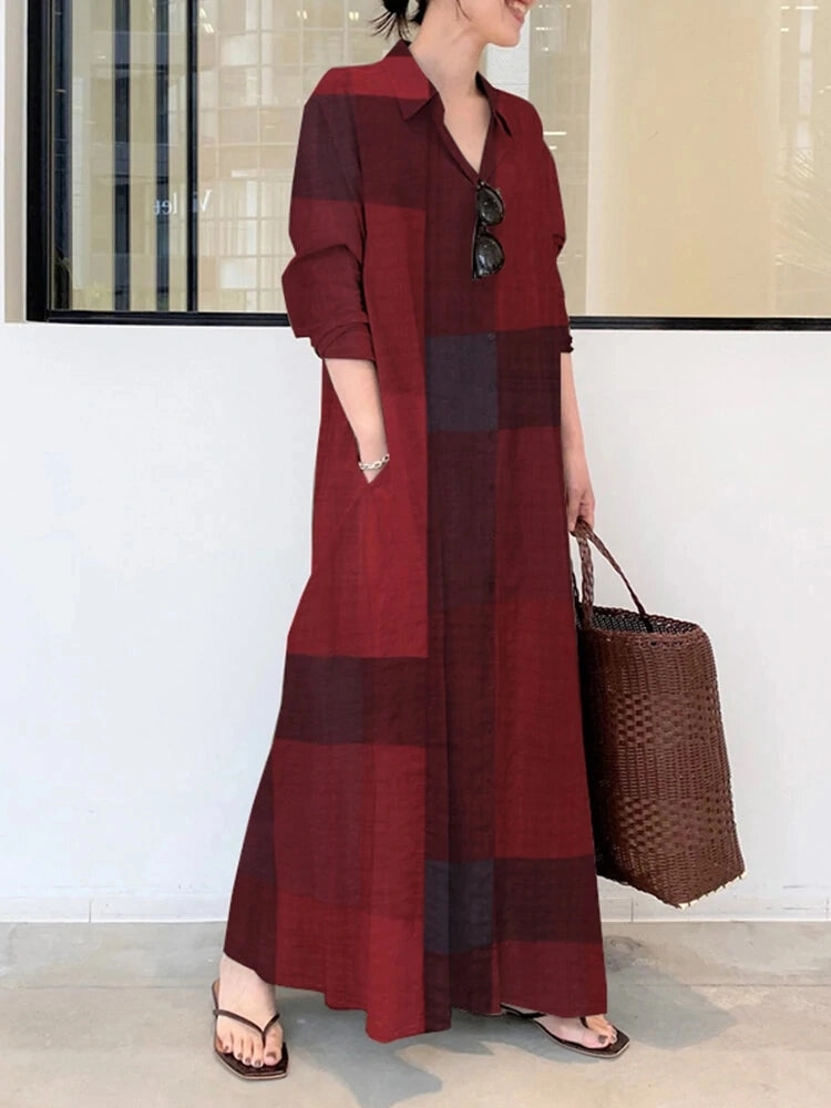 Vintage Plaid Stand Collar Pocket Maxi Shirt Dresses