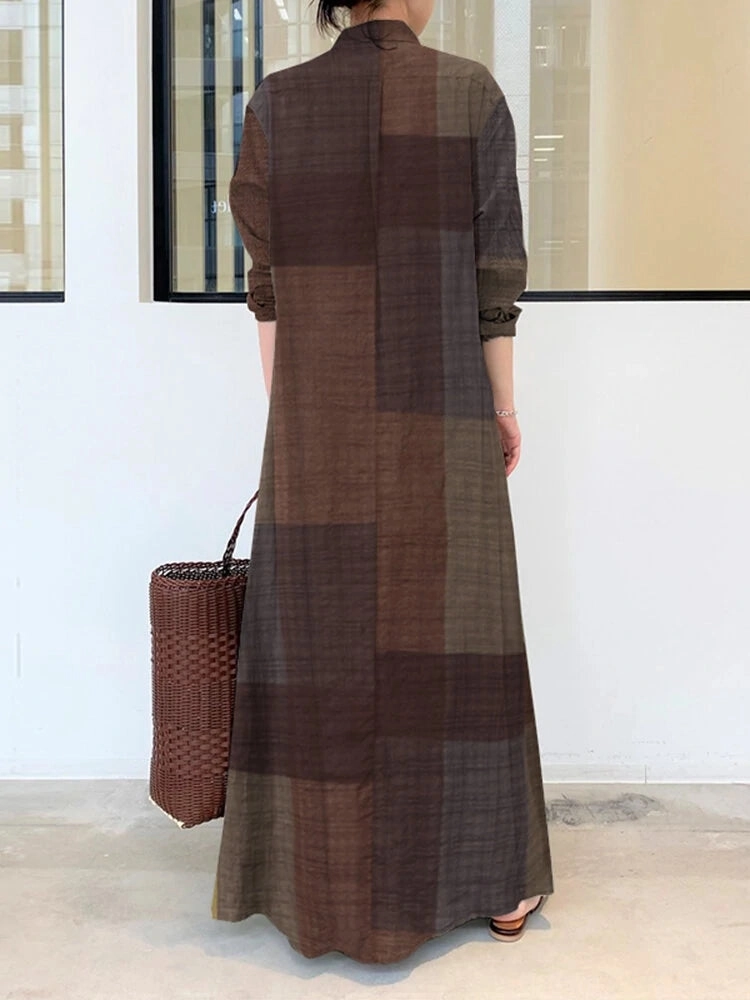 Vintage Plaid Stand Collar Pocket Maxi Shirt Dresses