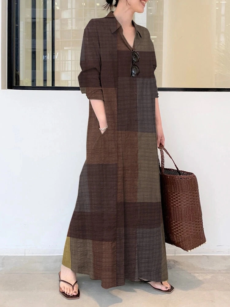 Vintage Plaid Stand Collar Pocket Maxi Shirt Dresses