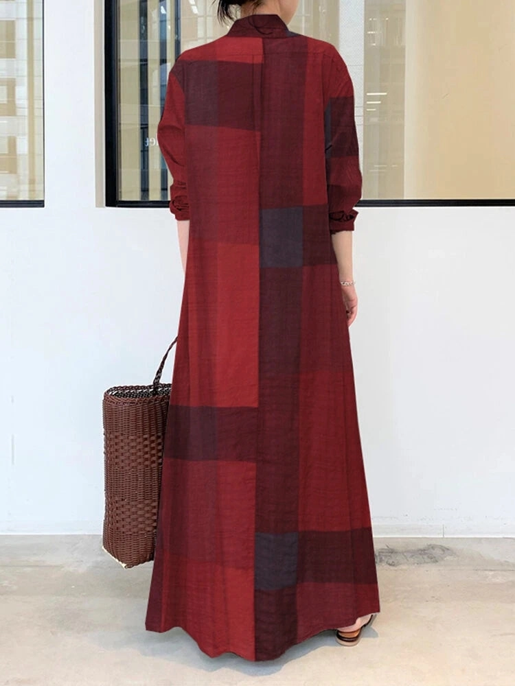 Vintage Plaid Stand Collar Pocket Maxi Shirt Dresses