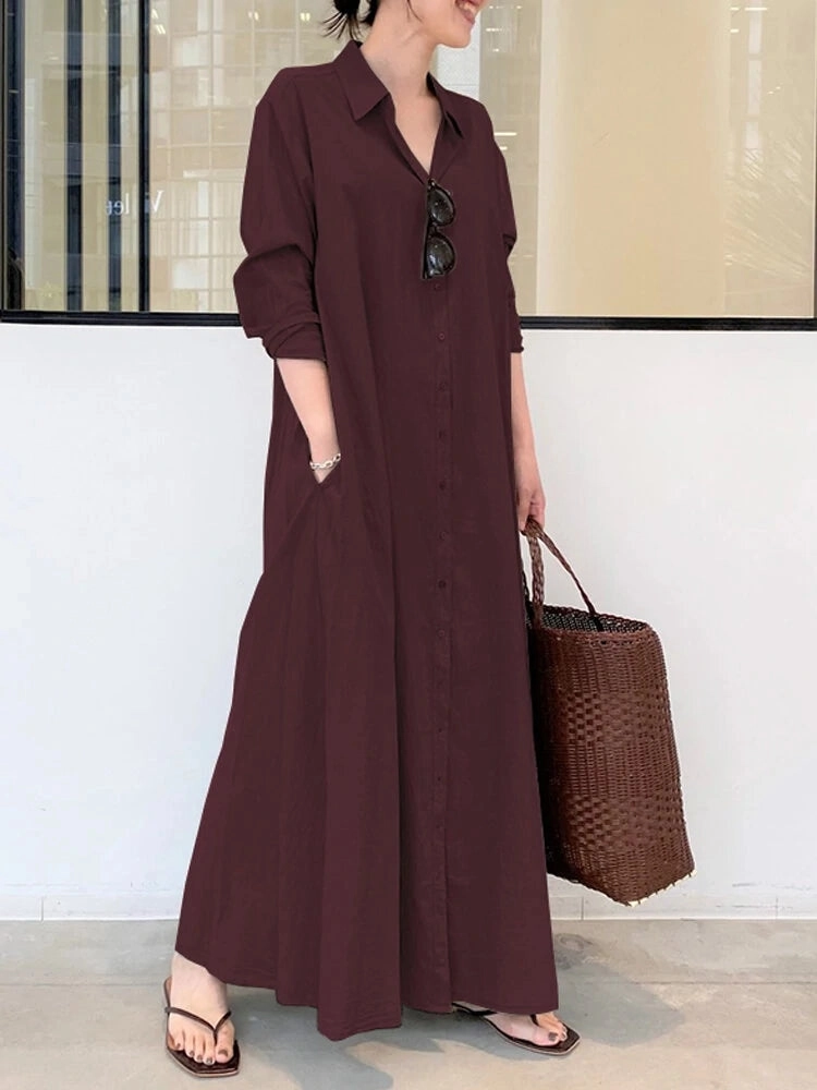 Women's Solid Color Pocket Button Long SLeeve Casual Shirt Dresses