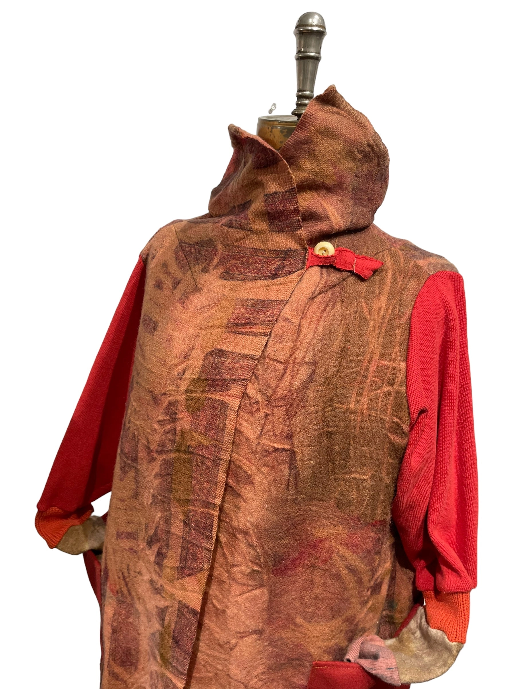 Wool Blanket Wrap Coat in Red print and camel