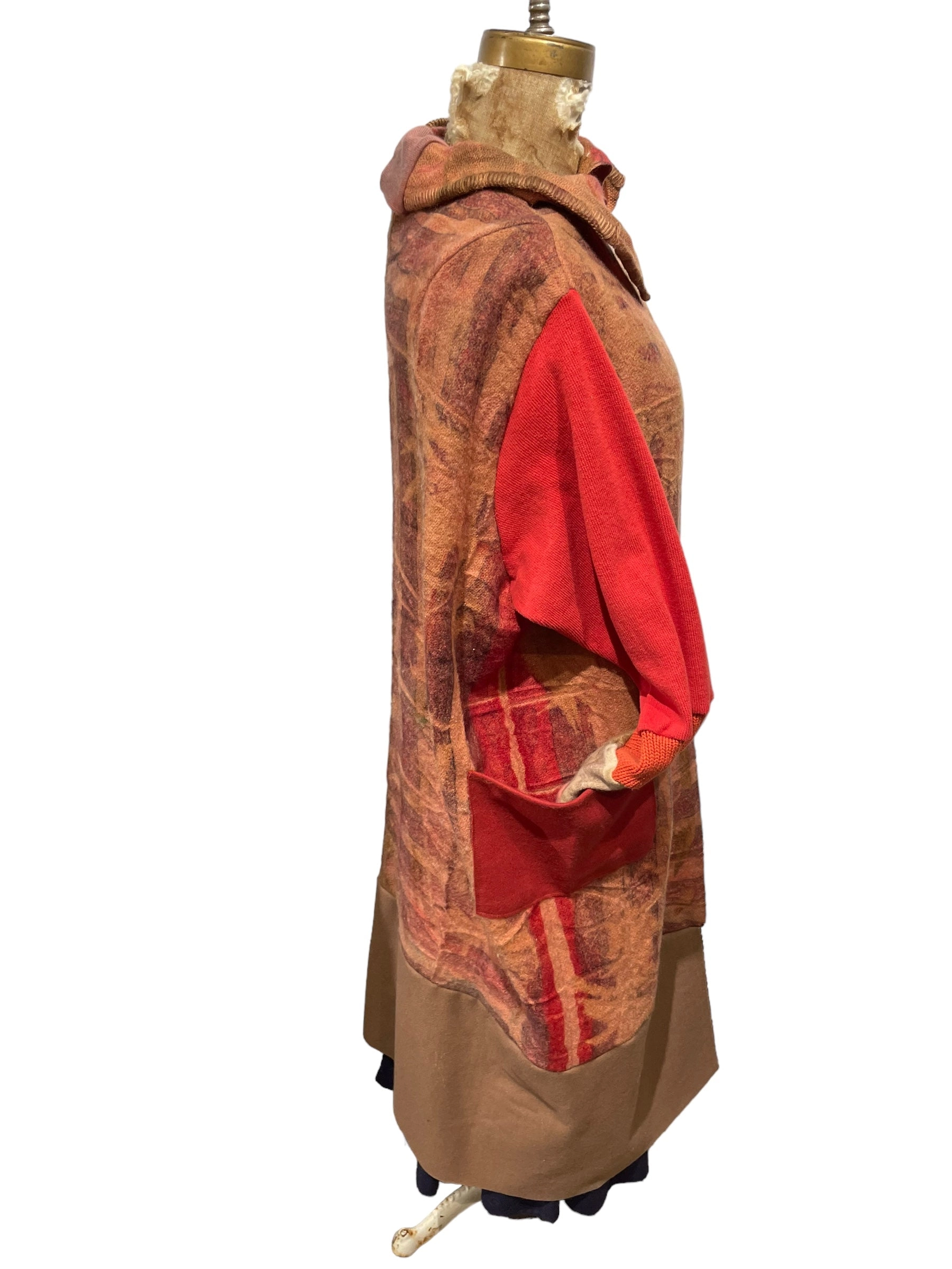 Wool Blanket Wrap Coat in Red print and camel